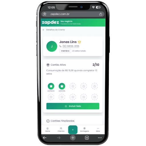 Programa de fidelidade digital ZapDez - Interface do cartão fidelidade no WhatsApp mostrando selos e recompensas